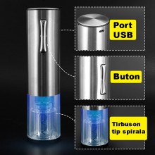 Set Tirbuson Electric SIKS Pentru Vin Cu Accesorii, Taietor Folie, Dop Vacuum, Aerator Turnare, Cablu USB, Inox/Plastic, Argi... Set Tirbuson Electric SIKS Pentru Vin Cu Accesorii, Taietor Folie, Dop Vacuum, Aerator Turnare, Cablu USB, Inox/Plastic, Argi...