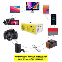 Mini Proiector Video LED SIKS, Portabil, 1080P, Full HD Display True Color, Suport Card Micro-SD, Alb-Galben