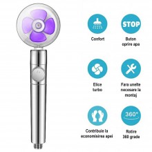 Para de Dus EDAR cu Elice, Cap Rotativ 360°, Jet Turbo, Presiune Puternica, Economisire Apa, Filtru Impuritati, Argintiu/Mov