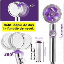 Para de Dus EDAR cu Elice, Cap Rotativ 360°, Jet Turbo, Presiune Puternica, Economisire Apa, Filtru Impuritati, Argintiu/Mov