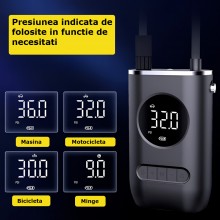 Pompa De Aer SIKS Auto Portabila Electrica, Multifunctionala, 4000 mAh, 120W, Afisaj Digital LCD, Manometru, Lanterna LED, Co...