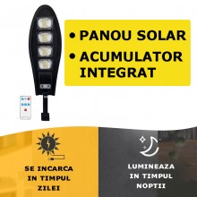 Lampa Solara Stradala Sau Gradina SIKS, Panou Solar Incorporat, Exterior, 168 LED SMD, Lumina Neutra, Control Telecomanda, Se...