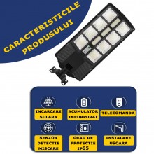 Lampa Solara Stradala Sau Gradina SIKS Cu Panou Solar Incorporat, De Exterior / Stalp, 380 LED SMD, Lumina Neutra, Control Di...