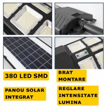 Lampa Solara Stradala Sau Gradina SIKS Cu Panou Solar Incorporat, De Exterior / Stalp, 380 LED SMD, Lumina Neutra, Control Di...