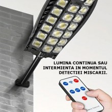 Lampa Solara Stradala Sau Gradina SIKS Cu Panou Solar Incorporat, De Exterior, 520 LED SMD, Lumina Neutra, Control Telecomand...