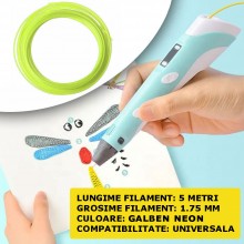 Filament SIKS Pentru Creion 3D, PCL, 1.75 mm, 5 m, Plastic, 70-100℃, Rezerva Creion 3D, Galben Neon