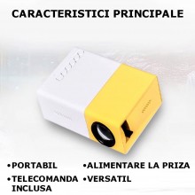 Proiector Video LED SIKS, Mini Portabil, 1080P, Full HD Display True Color, 600 lm, Suport Card, Alb/Galben