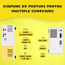Proiector Video LED SIKS, Mini Portabil, 1080P, Full HD Display True Color, 600 lm, Suport Card, Alb/Galben