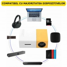 Proiector Video LED SIKS, Mini Portabil, 1080P, Full HD Display True Color, 600 lm, Suport Card, Alb/Galben