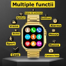 Ceas SIKS Smartwatch, Model 24K Gold S9 Ultra Max, Titanium Case, Inteligent, Fitness, Sport, Rezistent Apa, Smart, Notificar...