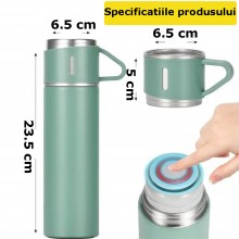 Set Sticla Termos Din Inox EDAR Cu 2 Cani Extra, Perete Dublu, Inchidere Ermetica, Rezistent la Rugina/Scurgeri, 500 ml, Verde