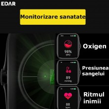 Ceas Smartwatch EDAR, Monitorizare Temperatura, Saturatie Oxigen, Ritm Cardiac, Tensiune Arteriala, Notificari, Pedometru, So...