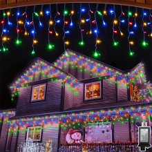 Ghirlanda Luminoasa Tip Franjuri EDAR, Instalatie De Craciun Perdea Pentru Exterior/Interior, 12m, Fir Alb, Multicolora, Flas...
