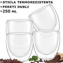 Set 4 Pahare SIKS Din Sticla, Cu Pereti Dubli, Termorezistente, Pentru Ceai, Cafea, Latte, Cappuccino, Capacitate 250 ML, Tra... Set 4 Pahare SIKS Din Sticla, Cu Pereti Dubli, Termorezistente, Pentru Ceai, Cafea, Latte, Cappuccino, Capacitate 250 ML, Tra...