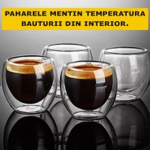 Set 4 Pahare SIKS Din Sticla, Cu Pereti Dubli, Termorezistente, Pentru Ceai, Cafea, Latte, Cappuccino, Capacitate 250 ML, Tra... Set 4 Pahare SIKS Din Sticla, Cu Pereti Dubli, Termorezistente, Pentru Ceai, Cafea, Latte, Cappuccino, Capacitate 250 ML, Tra...