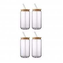 Set 4 Pahare de Sticla SIKS, Cu Capace Din Bambus Si Paie De Sticla Reutilizabile, Termorezistente, 500 ml, Pentru Bauturi Re...