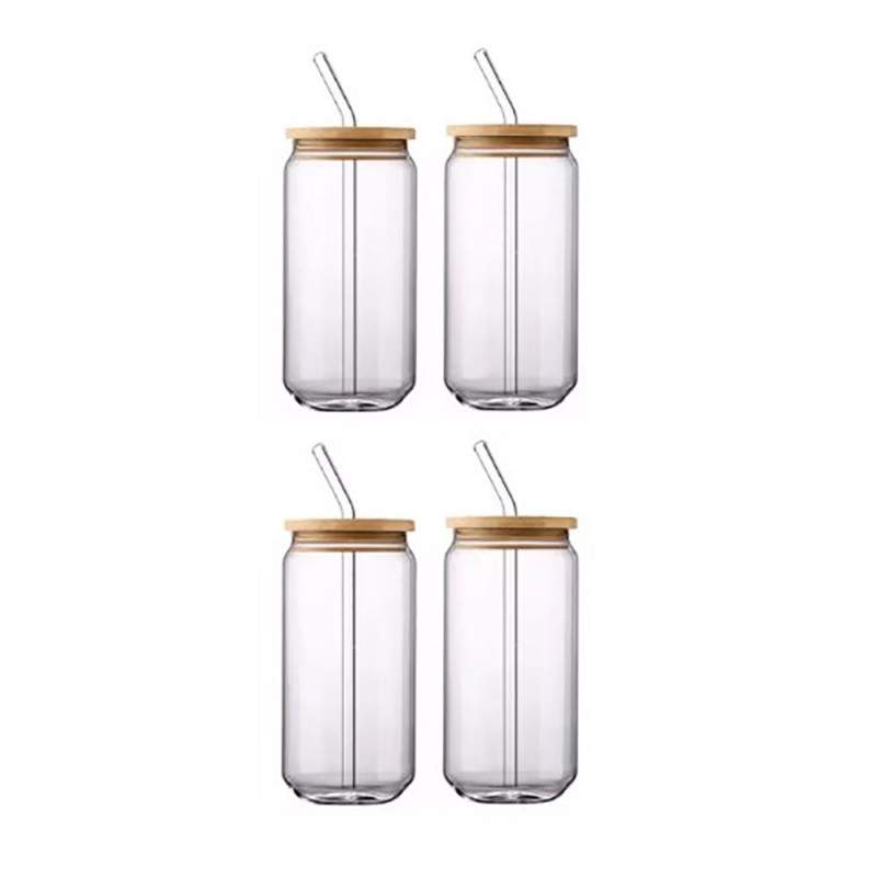 Set 4 Pahare de Sticla SIKS, Cu Capace Din Bambus Si Paie De Sticla Reutilizabile, Termorezistente, 500 ml, Pentru Bauturi Re...