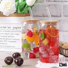 Set 4 Pahare de Sticla SIKS, Cu Capace Din Bambus Si Paie De Sticla Reutilizabile, Termorezistente, 500 ml, Pentru Bauturi Re...