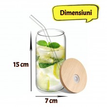 Set 4 Pahare de Sticla SIKS, Cu Capace Din Bambus Si Paie De Sticla Reutilizabile, Termorezistente, 500 ml, Pentru Bauturi Re...