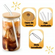 Set 4 Pahare de Sticla SIKS, Cu Capace Din Bambus Si Paie De Sticla Reutilizabile, Termorezistente, 500 ml, Pentru Bauturi Re...