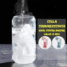 Set 4 Pahare de Sticla SIKS, Cu Capace Din Bambus Si Paie De Sticla Reutilizabile, Termorezistente, 500 ml, Pentru Bauturi Re...