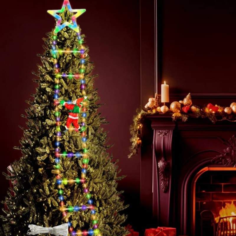 Decoratiune Mos Craciun EDAR Pe Scara, Model Steluta, 25x165 cm, Lumina LED, 8 Jocuri, Conectare La Priza, Multicolor