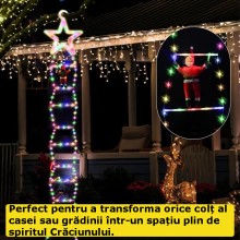 Decoratiune Mos Craciun EDAR Pe Scara, Model Steluta, 25x165 cm, Lumina LED, 8 Jocuri, Conectare La Priza, Multicolor