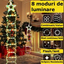 Decoratiune Mos Craciun EDAR Pe Scara, Model Steluta, 25x165 cm, Lumina LED, 8 Jocuri, Conectare La Priza, Multicolor