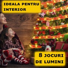 Instalatie Panglica Luminoasa SIKS Pentru Bradul De Craciun, LED, 5m, 50 leduri, 8 Programe, Lumina Alb Cald, Rosu cu Auriu