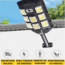 Lampa Solara Stradala Sau Gradina Cu Panou Solar SIKS, De Exterior, 8 LED COB, Lumina Neutra, Control Din Telecomanda, Senzor...