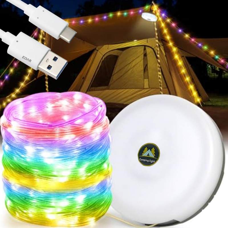 Ghirlanda Luminoasa Extensibila/Retractabila Camping EDAR Cu Functie De Lanterna Si Baterie Externa, 20 m, 5 Moduri De Ilumin...