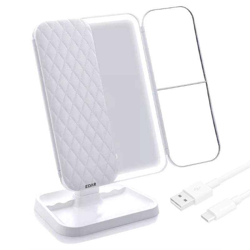 Oglinda Pliabila EDAR Cu LED, Cosmetica, Suport, Alimentare USB, Marire 2X, 3X, Touch, Lumina Neutra, Calda, Rece, Spatiu Dep...