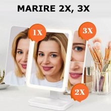 Oglinda Pliabila EDAR Cu LED, Cosmetica, Suport, Alimentare USB, Marire 2X, 3X, Touch, Lumina Neutra, Calda, Rece, Spatiu Dep...