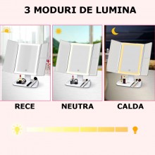 Oglinda Pliabila EDAR Cu LED, Cosmetica, Suport, Alimentare USB, Marire 2X, 3X, Touch, Lumina Neutra, Calda, Rece, Spatiu Dep...