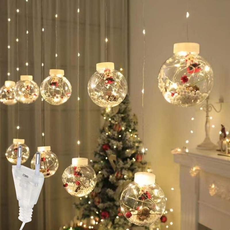 Instalatie Craciun Perdea Luminoasa SIKS Tip Glob Cu Conuri Brad, 10 Figurine Mos Craciun, Interconectabila, 8 Jocuri De Lumi...