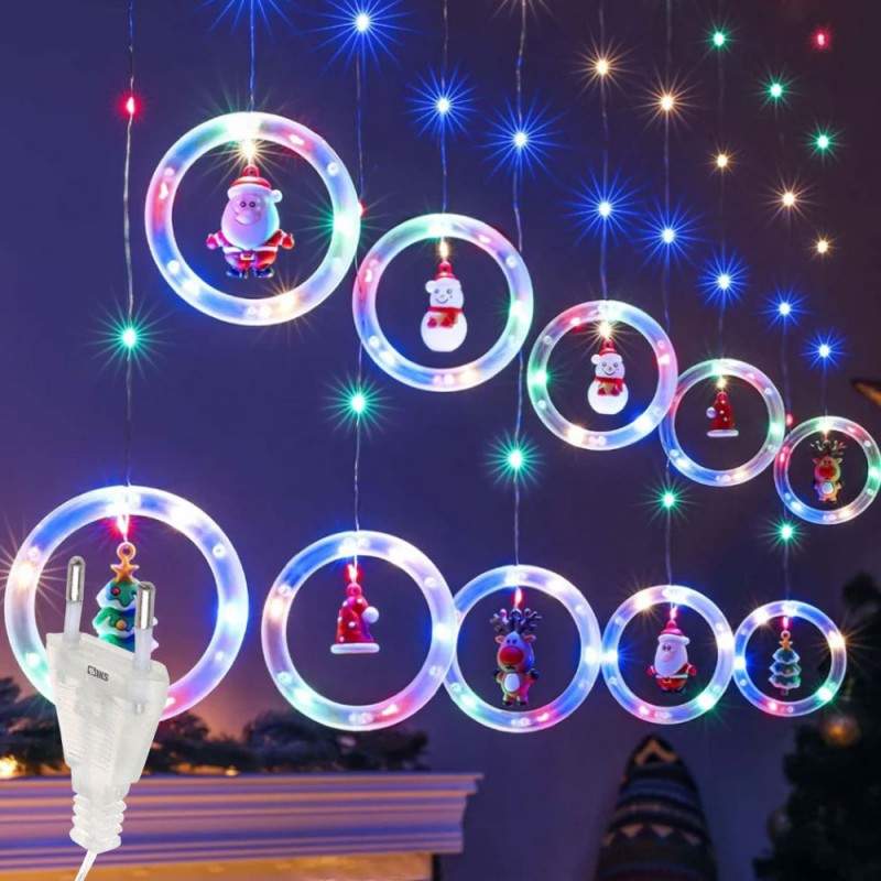 Instalatie De Craciun SIKS, Tip Perdea De Lumini 10 Inele Luminoase, Cu Diferite Figurine Pentru Craciun, 8 Moduri De Ilumina...