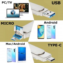 Stick EDAR Memorie Din Metal 4 in 1, 1 TB, Cu USB 3.0, Type-C, USB C Si Lightning, Rotativ, Impermeabil, Compatibil cu Telefo...