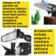 Adaptor Fierastrau EDAR Pentru Bormasina Electrica, 6 Inch Lant, Pas 1/4, Portabil, Pentru Lemn, Accesorii Incluse, Negru