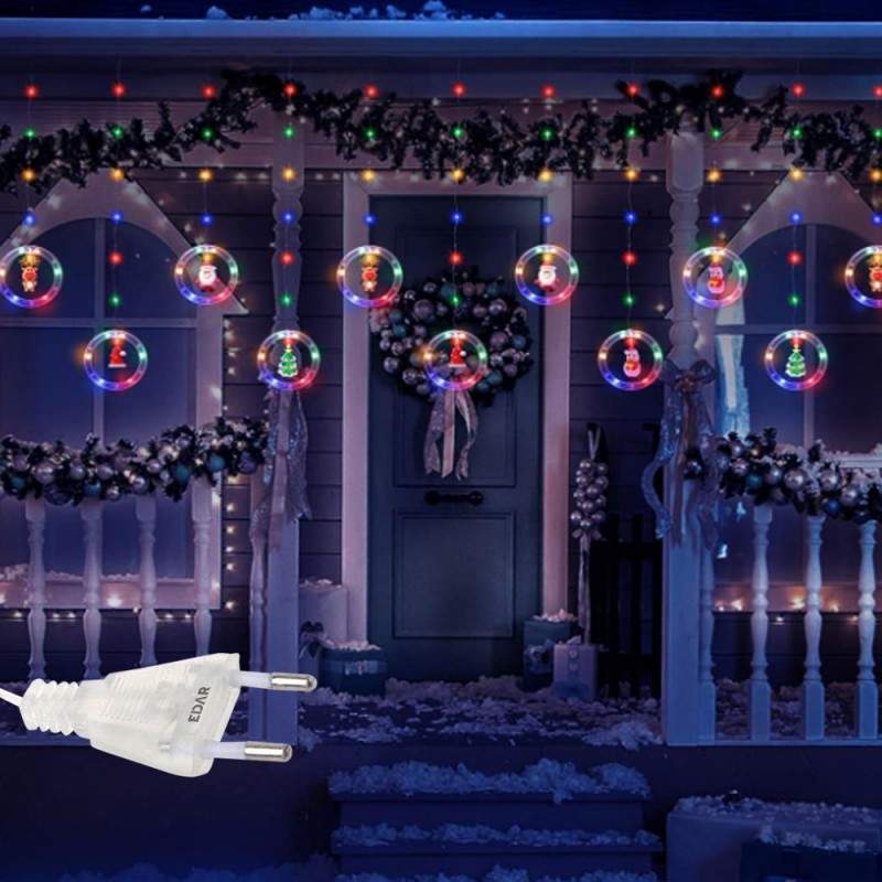 Instalatie De Craciun EDAR Tip Perdea Luminoasa Cu 10 Figurine Si 10 Inele Luminaose, 8 jocuri De Lumini, Interconectabila, L...