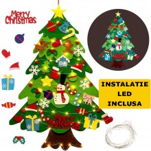 Set Brad De Craciun SIKS Din Fetru Si Ornamente, Pentru Copii, In 2 Culori, 30 Decoratiuni Si Banda Led Inclusa, 98 x 70 cm, ...