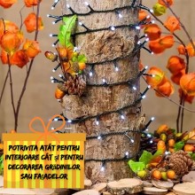 Instalatie De Craciun Liniara EDAR, 8 Jocuri De Lumini, 20 M, 300 Leduri, Pentru Exterior/Interior, Fir Verde Inchis, Alb Rece
