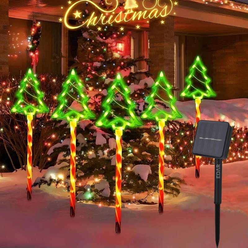 Set 5 x Acadele Luminoase EDAR, Decorative, De Craciun, Pentru Exterior, Incarcare Solara, Tematica Brad, 8 Moduri De Lumina,...