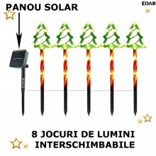Set 5 x Acadele Luminoase EDAR, Decorative, De Craciun, Pentru Exterior, Incarcare Solara, Tematica Brad, 8 Moduri De Lumina,...