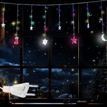 Instalatie Craciun EDAR Tip Perdea Luminoasa Cu Stele, Luna, Brad Fulg De Nea, Stele Cazatoare, "Merry Chrismas", Lungime 3M,...