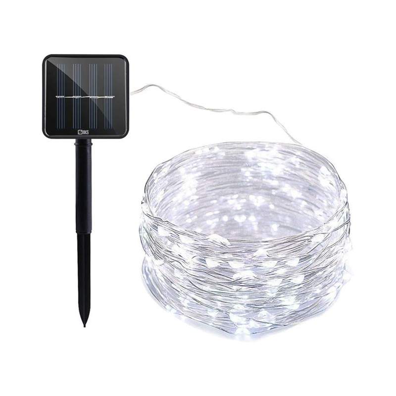 Ghirlanda Luminoasa Decorativa Solara SIKS Din Cupru, Lumina Alb Rece, 12 M Cu 100 X LED, Panou Solar Cu Prindere Tip Tarus