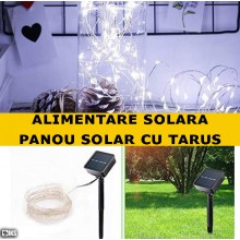 Ghirlanda Luminoasa Decorativa Solara SIKS Din Cupru, Lumina Alb Rece, 12 M Cu 100 X LED, Panou Solar Cu Prindere Tip Tarus