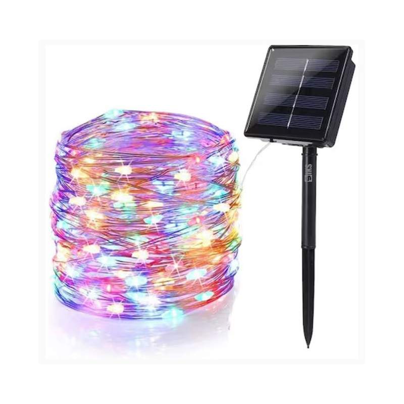 Ghirlanda Luminoasa Decorativa Solara SIKS Din Cupru, Lumina Multicolora, 12 M Cu 100 X LED, Panou Solar Cu Prindere Tip Tarus