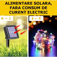 Ghirlanda Luminoasa Decorativa Solara SIKS Din Cupru, Lumina Multicolora, 12 M Cu 100 X LED, Panou Solar Cu Prindere Tip Tarus