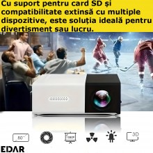 Proiector EDAR Video LED, Portabil, 1080P, Display Full HD, 600 LM, Suport Card, Mini, Negru/Alb
