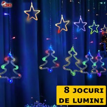 Instalatie Craciun SIKS, Perdea Lumini Led, Stele + Braduti, Lumina Multicolora, 3M, Interconectabila, 8 Programe